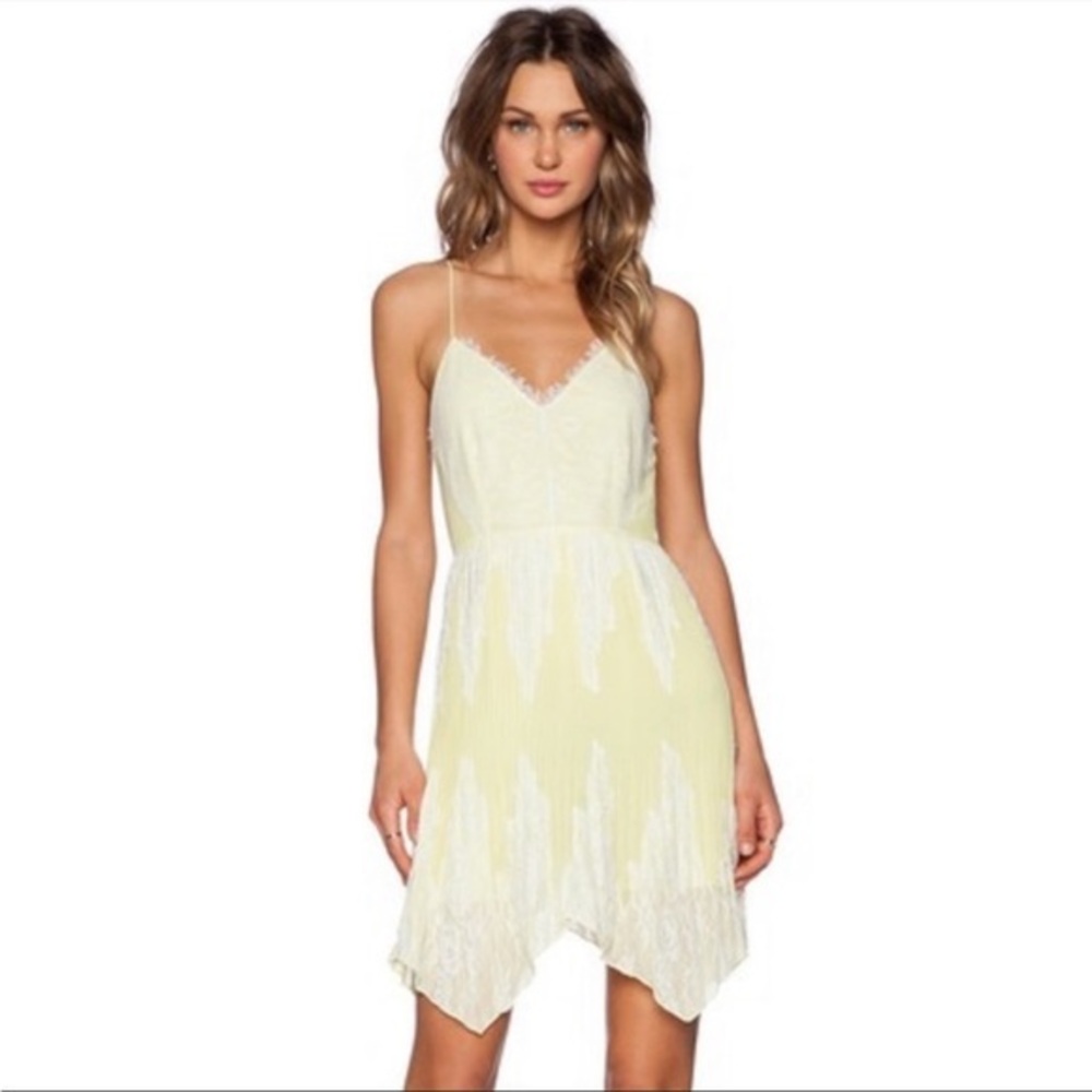 SAYLOR Quincy Micropleated Yellow Dress with Lace Overlay Spaghetti Strap XS